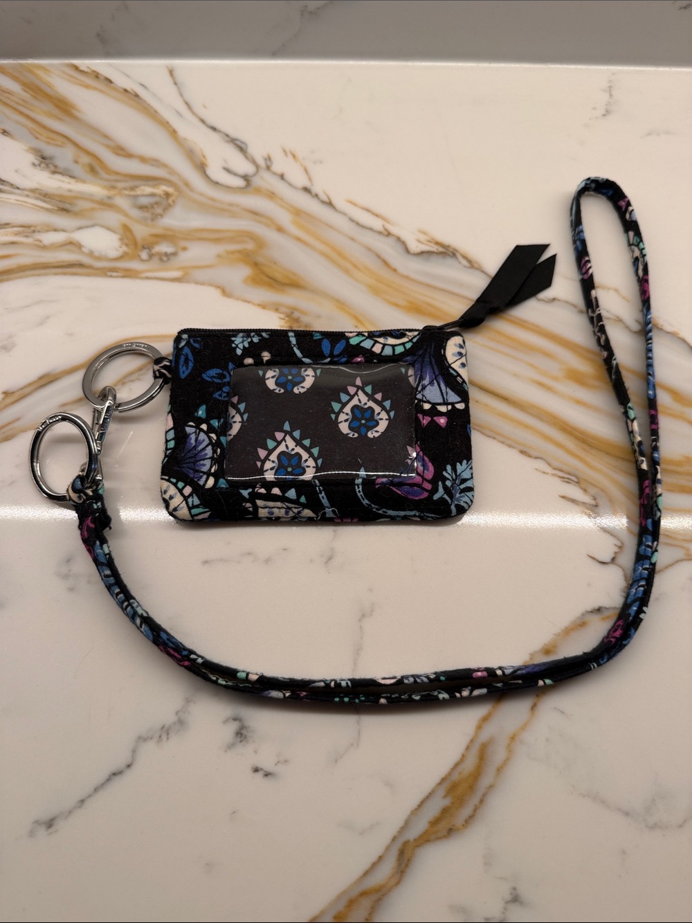 Vera Bradley Black Floral Wallet, ID Holder & Keychain with Blue & Purple Accent